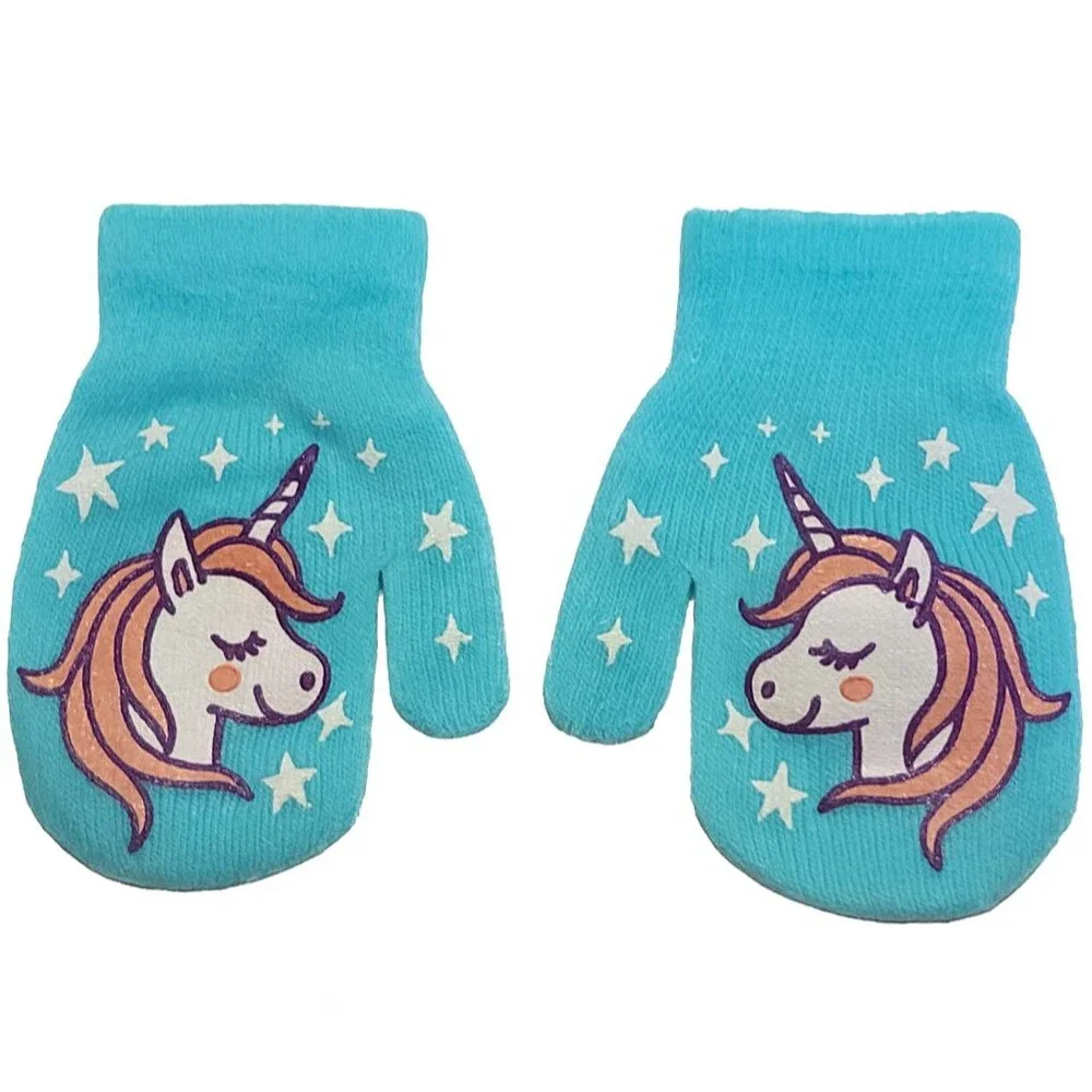 Toddler Unicorn Stars Mittens Blue Knit Warm Winter Accessories Cold Weather